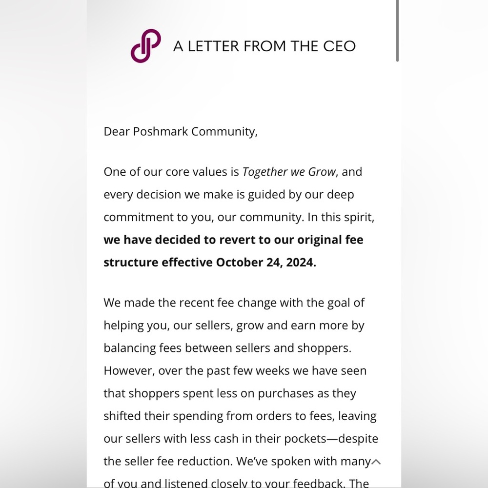A LETTER FROM POSHMARK’S CEO REVERTING ORIGINAL FEES